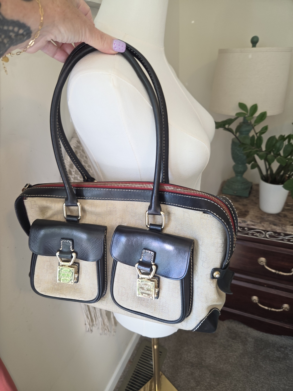 Dooney And Bourke Black Trim Canvas Tote Bag with Front Pockets
